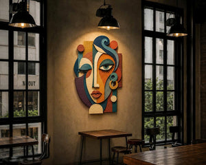 Abstract Female Face Plywood Wall Decor, UV Printed 3D Wooden Mask Art, Colorful Boho Wall Sculpture, Modern Living Room Home Office Gift