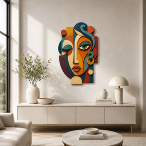 Abstract Female Face Plywood Wall Decor, UV Printed 3D Wooden Mask Art, Colorful Boho Wall Sculpture, Modern Living Room Home Office Gift