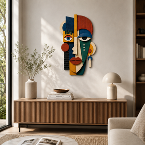 Abstract Face Plywood Wall Decor, 3 Design Options, UV Printed Wooden Mask Art, Colorful Cubist Boho Wall Sculpture Home Office Gift Decor