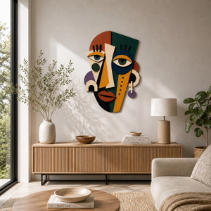 Abstract Face Plywood Wall Decor, 3 Design Options, UV Printed Wooden Mask Art, Colorful Cubist Boho Wall Sculpture Home Office Gift Decor