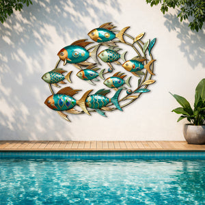 School of Fish Metal Wall Art, Colorful Swimming Fish Sculpture, Teal & Gold Wall Decor, Tropical or Coastal Theme, Outdoor & Indoor Accent