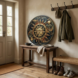 Celestial Sun Moon Garden Metal Sign, Large Smiling Sun Intertwined With An Elegant Crescent Moon