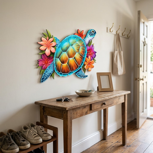 Swimming Sea Turtle & Hibiscus Flowers, Metal Sign