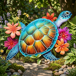 Swimming Sea Turtle & Hibiscus Flowers, Metal Sign