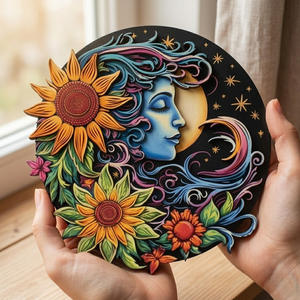 Elegant Crescent Moon Embracing A Radiant Sun, Blooming Flowers