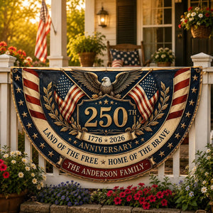 Personalized patriotic semicircle fence flag with eagle artwork and USA 250th anniversary Americana décor