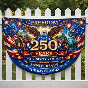 Personalized America 250 years patriotic semicircle fence banner with eagle and fireworks