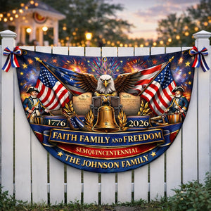 Personalized faith family freedom patriotic semicircle fence banner with eagle and Liberty Bell
