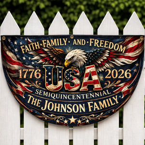 Personalized USA semiquincentennial patriotic semicircle banner with eagle and family name