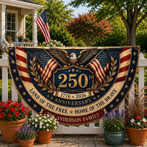 Personalized patriotic semicircle fence flag with eagle artwork and USA 250th anniversary Americana décor