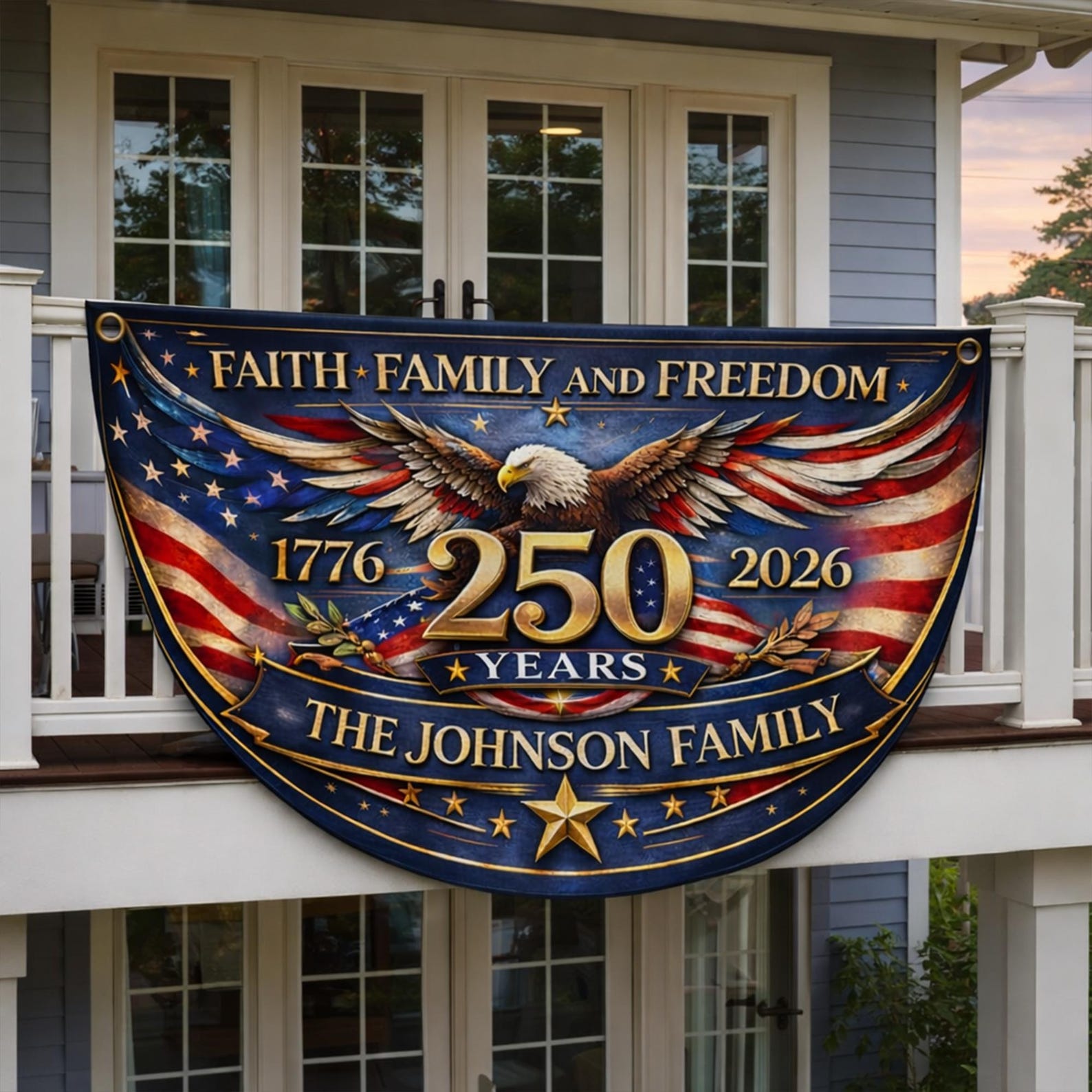 Personalized faith family freedom patriotic semicircle fence banner with eagle and vintage American flag