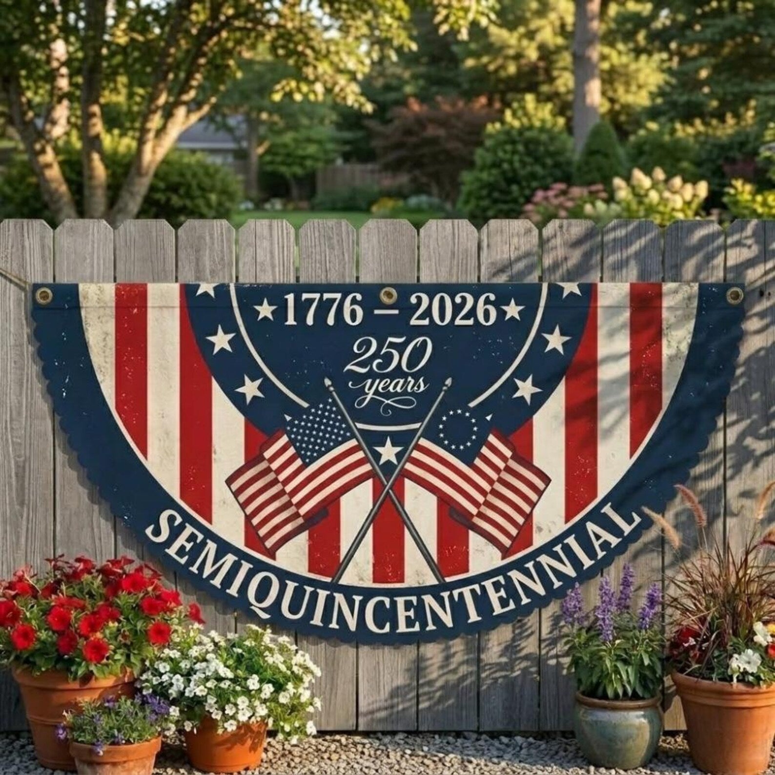 Vintage semiquincentennial patriotic semicircle fence flag outdoor Americana decor