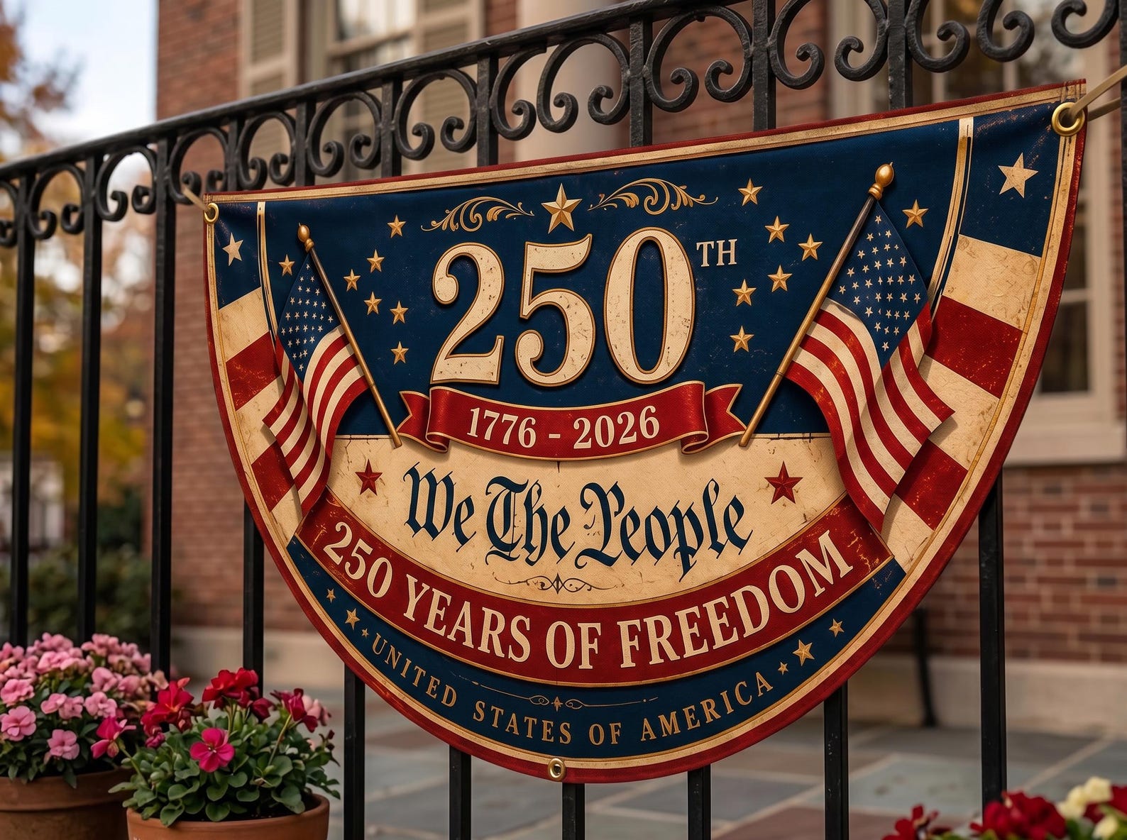 Vintage We The People semicircle fence flag featuring American flags and USA 250th Anniversary 1776-2026 patriotic outdoor porch décor