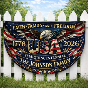 Personalized USA semiquincentennial patriotic semicircle banner with eagle and family name