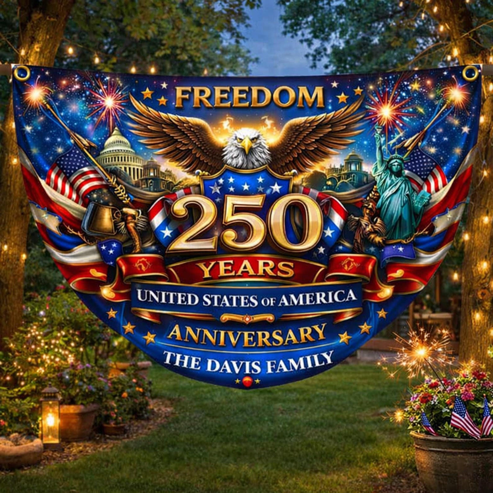 Personalized America 250 years patriotic semicircle fence banner with eagle and fireworks