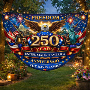 Personalized America 250 years patriotic semicircle fence banner with eagle and fireworks