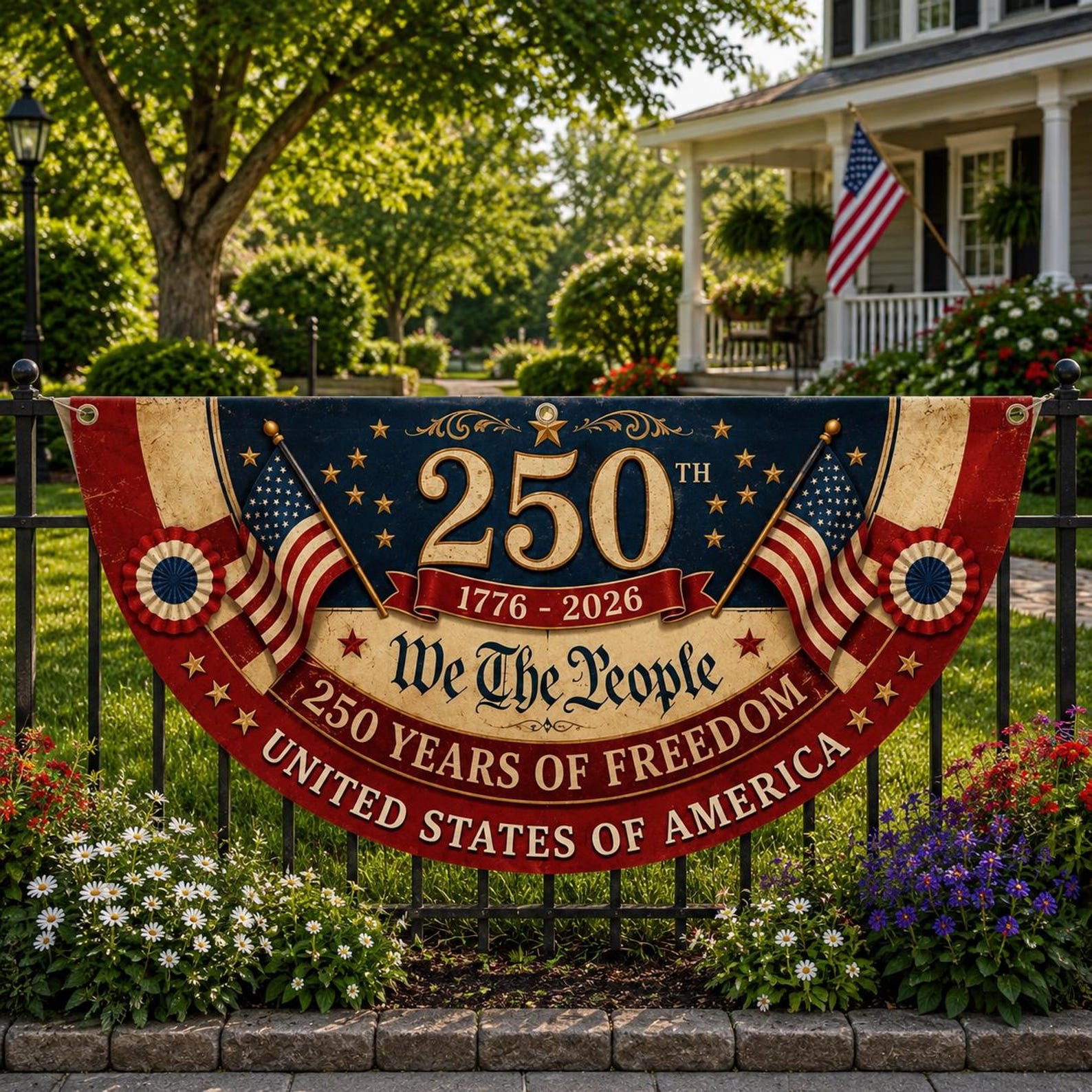 Vintage Americana 250th anniversary patriotic semicircle fence flag outdoor decor