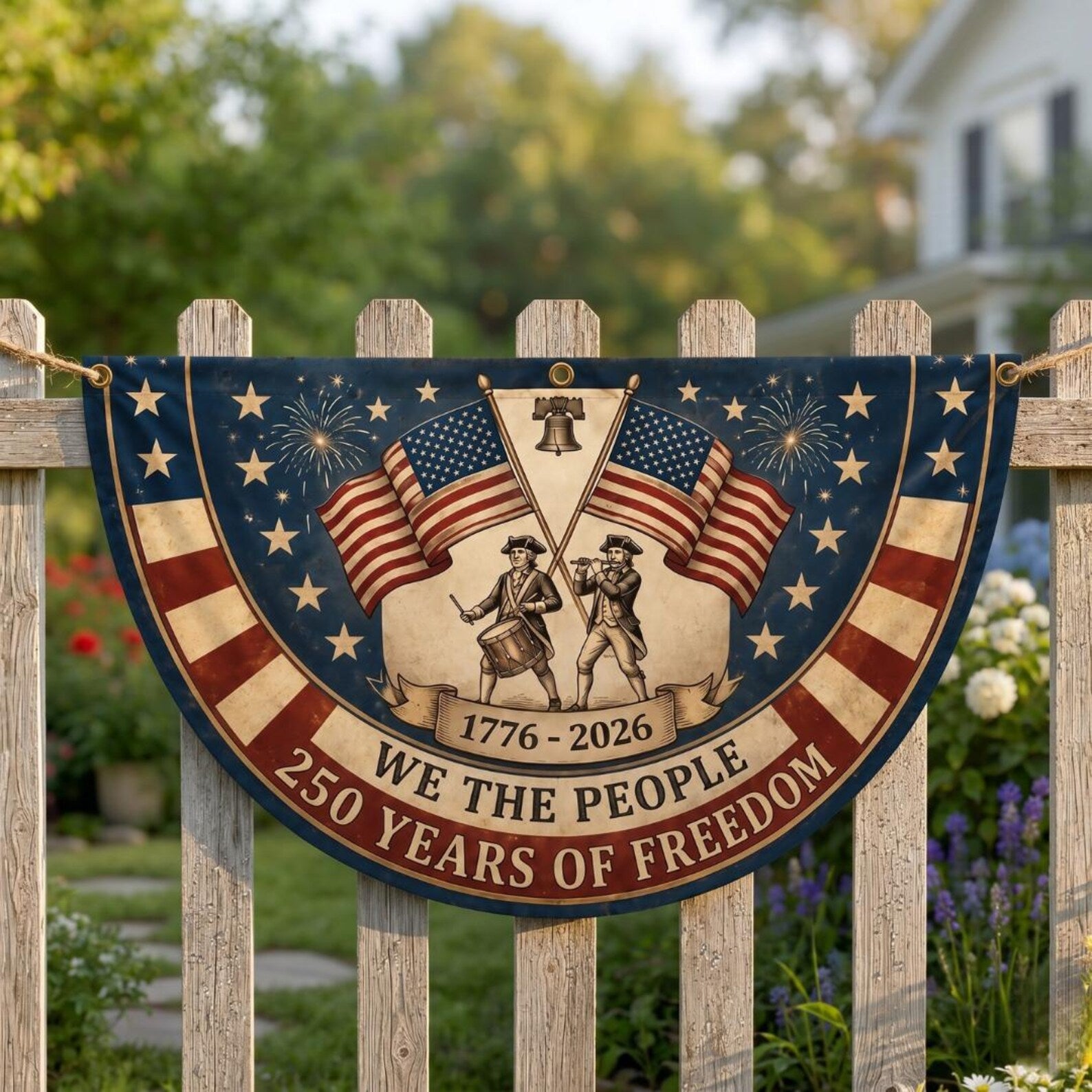 Vintage patriotic semicircle fence flag with We The People artwork and USA 250th anniversary décor