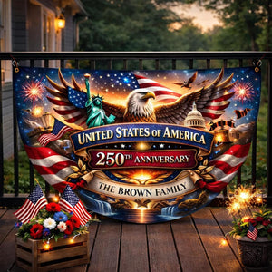 Personalized USA 250th anniversary patriotic semicircle banner with eagle fireworks and family name