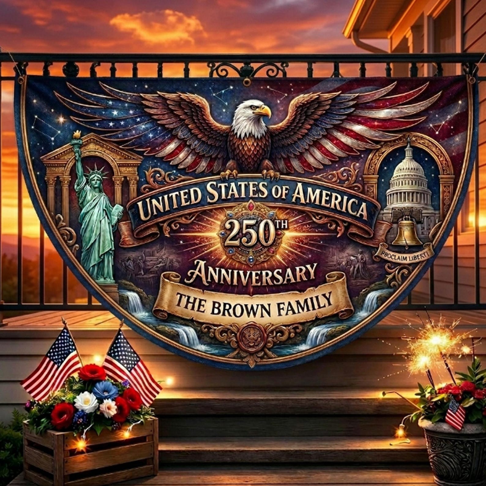 Personalized USA 250th anniversary patriotic semicircle banner with eagle and custom family name