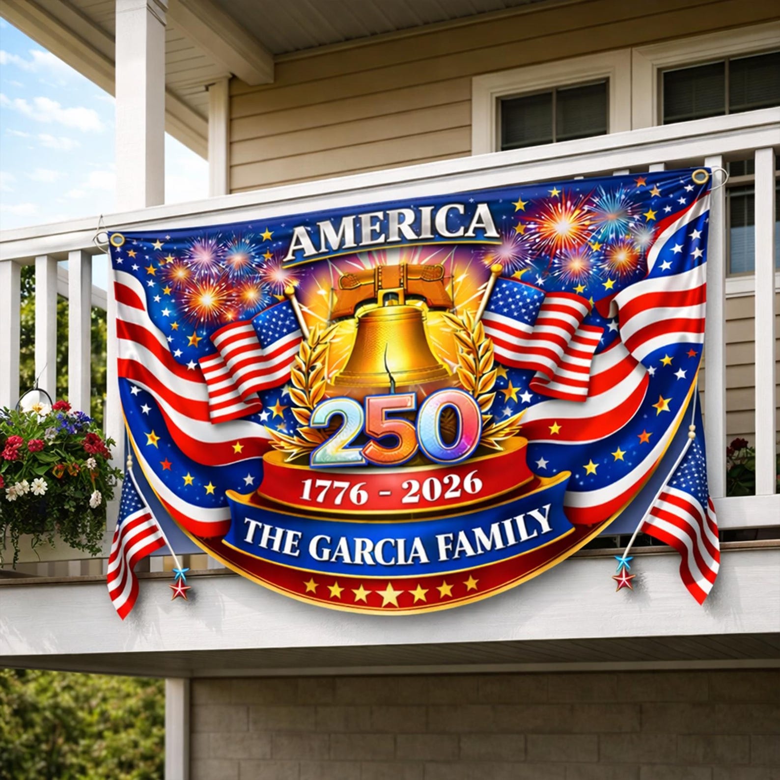 Personalized America 250 years patriotic semicircle fence banner with fireworks and Liberty Bell