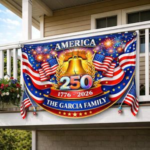 Personalized America 250 years patriotic semicircle fence banner with fireworks and Liberty Bell