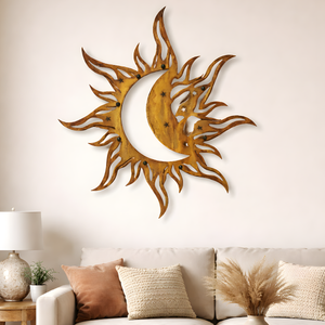 Metal Sun Moon Wall Art Blue Celestial Decor Outdoor Garden Patio Hanging Aluminum UV Printed Moon and Sun Sign for Patio Gift