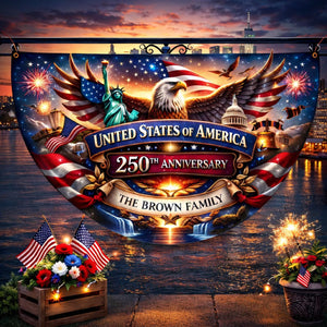Personalized USA 250th anniversary patriotic semicircle banner with eagle fireworks and family name