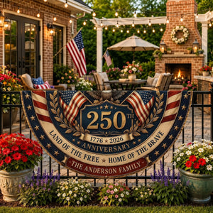 Personalized patriotic semicircle fence flag with eagle artwork and USA 250th anniversary Americana décor