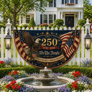 Patriotic eagle semicircle fence flag featuring vintage American flags and USA 250th Anniversary 1776-2026 outdoor Americana décor