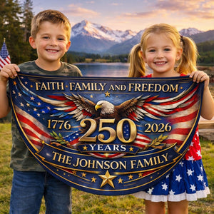 Personalized faith family freedom patriotic semicircle fence banner with eagle and vintage American flag