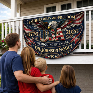 Personalized USA semiquincentennial patriotic semicircle banner with eagle and family name