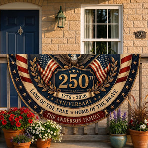 Personalized patriotic semicircle fence flag with eagle artwork and USA 250th anniversary Americana décor