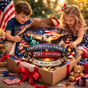 Personalized USA 250th anniversary patriotic semicircle banner with eagle fireworks and family name