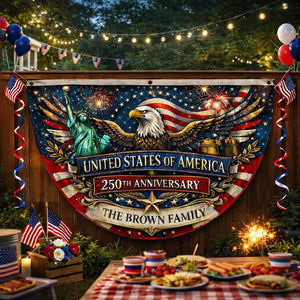 Personalized USA 250th anniversary patriotic semicircle family banner with eagle and Statue of Liberty
