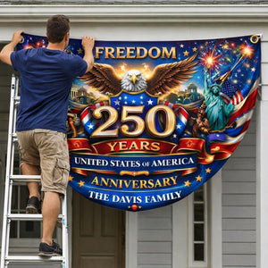 Personalized America 250 years patriotic semicircle fence banner with eagle and fireworks