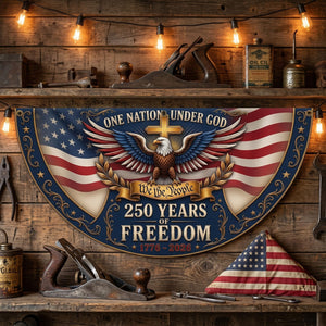 One Nation Under God patriotic semicircle fence banner with eagle artwork