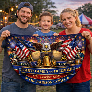 Personalized faith family freedom patriotic semicircle fence banner with eagle and Liberty Bell