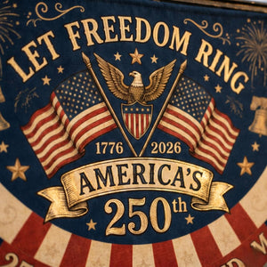 Vintage patriotic semicircle fence flag featuring Let Freedom Ring text, American flags, fireworks, and USA 250th Anniversary 1776-2026 Americana outdoor porch decor