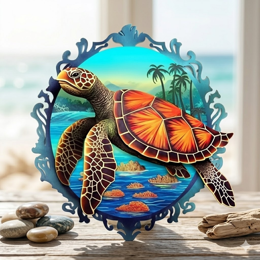 Large Sea Turtle Swimming Above Colorful Coral Reef Metal Sign Wall Art