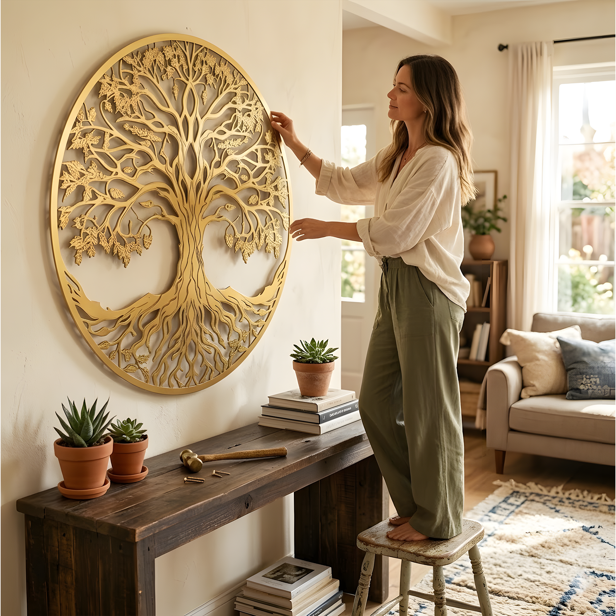 Tree of Life metal wall art sun moon celestial decor boho spiritual wall hanging large round metal art home living room decor gift idea