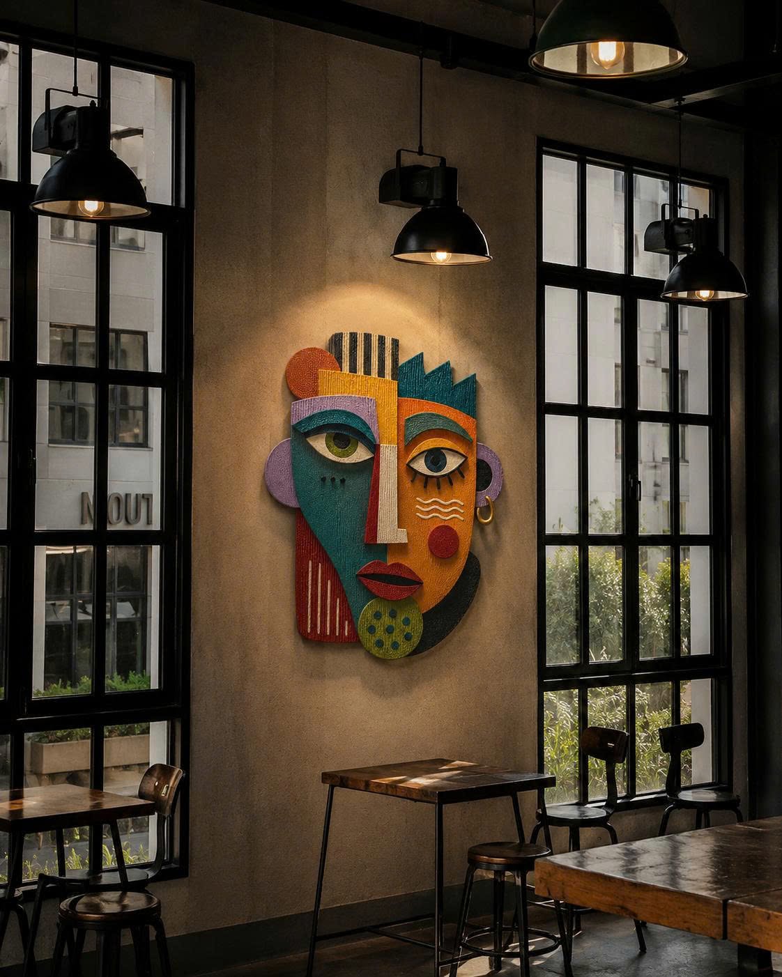 Abstract Cubist Face Plywood Wall Decor, UV Printed 3D Wooden Mask Art, Colorful Boho Living Room Wall Sculpture Gift for Home Office Decor