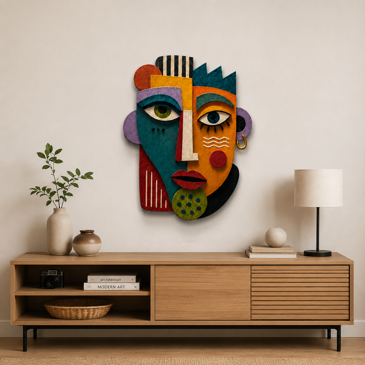 Abstract Cubist Face Plywood Wall Decor, UV Printed 3D Wooden Mask Art, Colorful Boho Living Room Wall Sculpture Gift for Home Office Decor