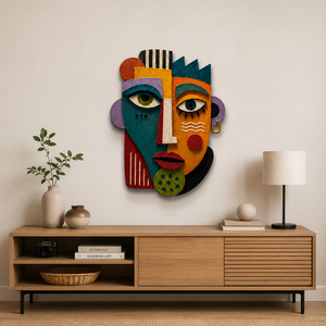 Abstract Cubist Face Plywood Wall Decor, UV Printed 3D Wooden Mask Art, Colorful Boho Living Room Wall Sculpture Gift for Home Office Decor