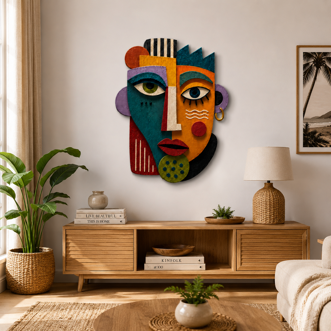 Abstract Cubist Face Plywood Wall Decor, UV Printed 3D Wooden Mask Art, Colorful Boho Living Room Wall Sculpture Gift for Home Office Decor