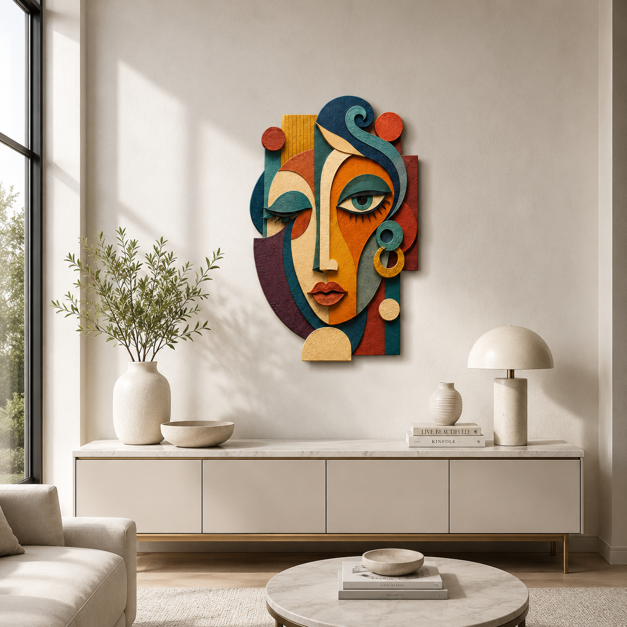 Abstract Female Face Plywood Wall Decor, UV Printed 3D Wooden Mask Art, Colorful Boho Wall Sculpture, Modern Living Room Home Office Gift