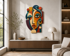 Abstract Female Face Plywood Wall Decor, UV Printed 3D Wooden Mask Art, Colorful Boho Wall Sculpture, Modern Living Room Home Office Gift