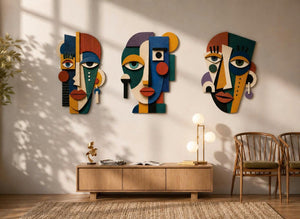 Abstract Face Plywood Wall Decor, 3 Design Options, UV Printed Wooden Mask Art, Colorful Cubist Boho Wall Sculpture Home Office Gift Decor