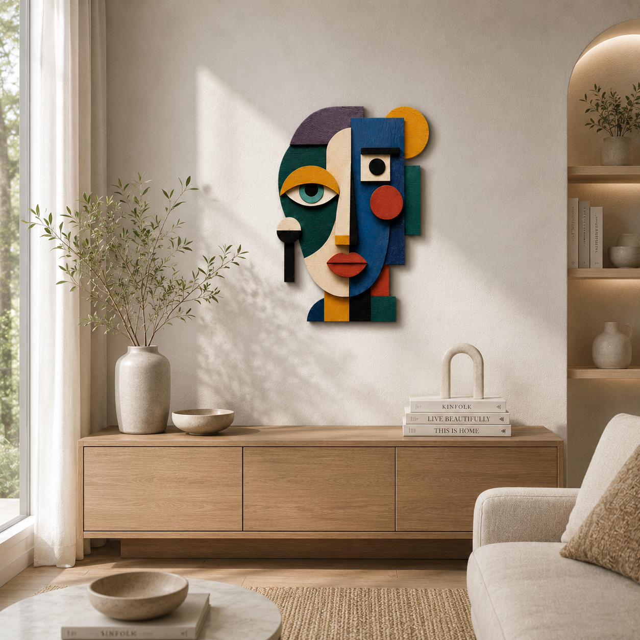 Abstract Face Plywood Wall Decor, 3 Design Options, UV Printed Wooden Mask Art, Colorful Cubist Boho Wall Sculpture Home Office Gift Decor