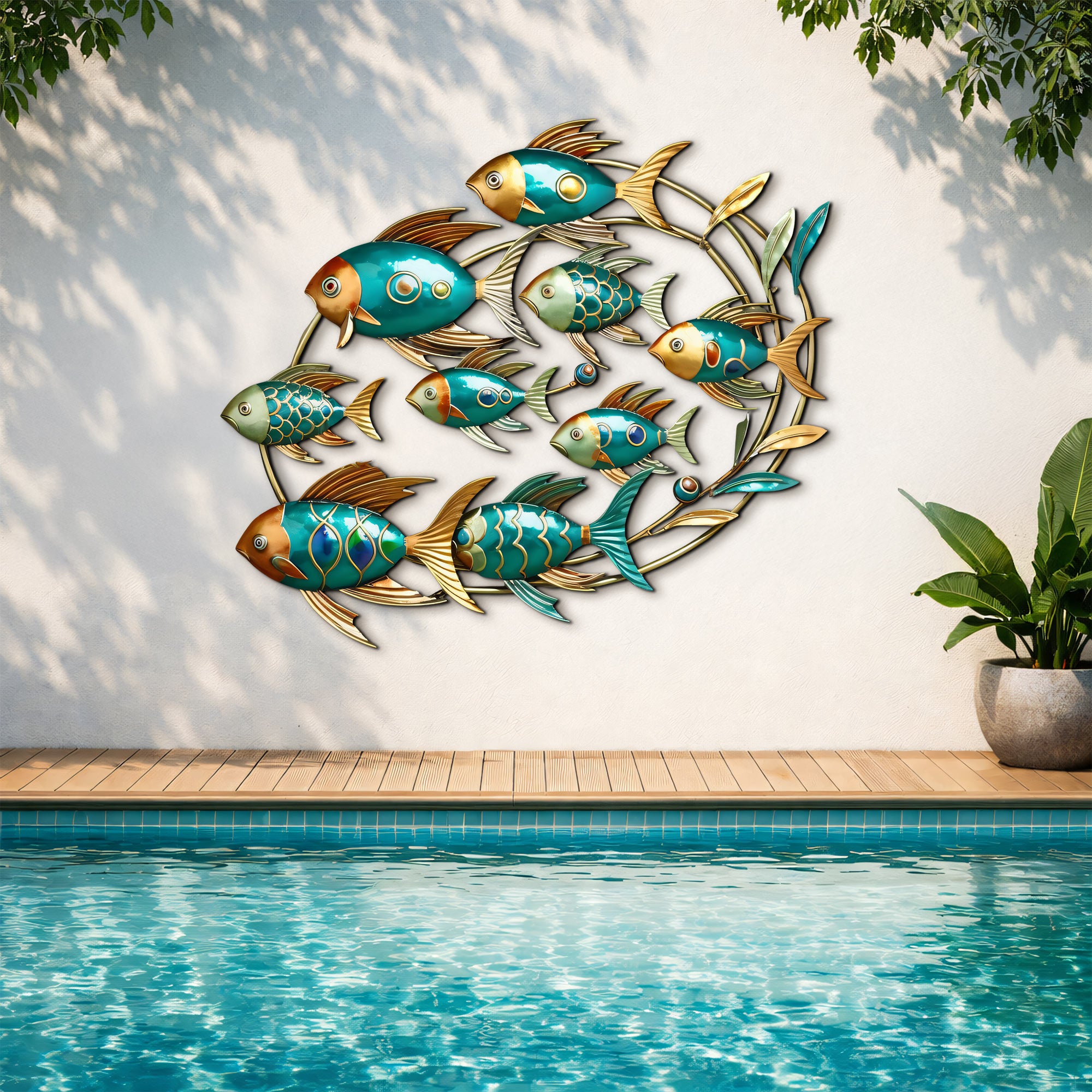 School of Fish Metal Wall Art, Colorful Swimming Fish Sculpture, Teal & Gold Wall Decor, Tropical or Coastal Theme, Outdoor & Indoor Accent